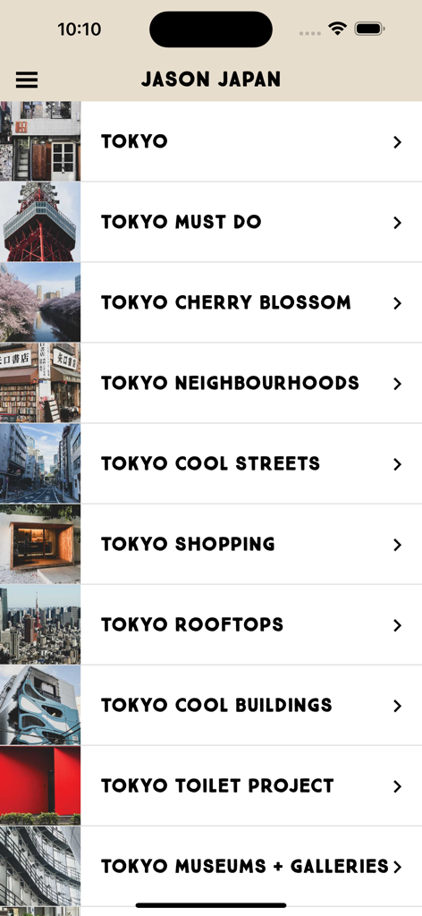 Jason Japan Travel - Menú de la aplicación Jason Japan Travel que muestra categorías de viajes de Tokio como calles geniales y compras