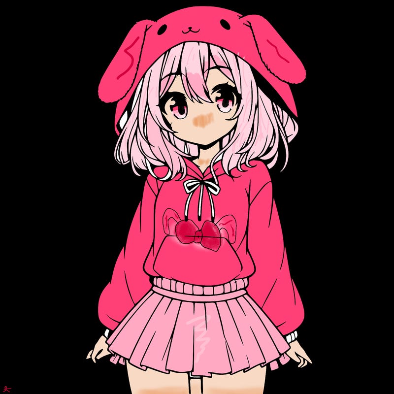 pretty anime girl wearing a fluffy hoodie with bunny ears on the hood and a skirt