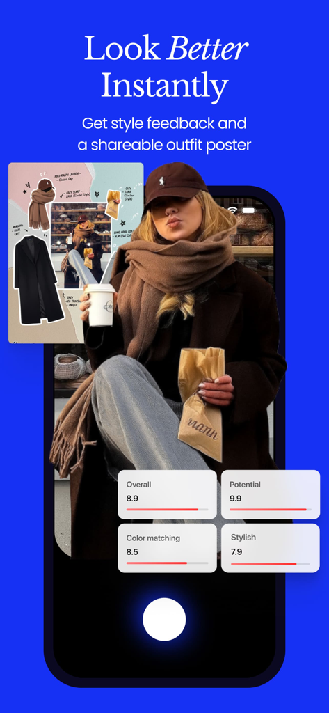 Chance AI - Visual Search - Chance AI app interface showing style feedback scores and an outfit poster for a winter look