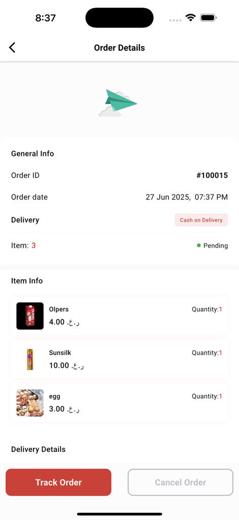 Wasl 2025 - Ecrã de detalhes do pedido da aplicação Wasl 2025 mostrando um pedido pendente com itens como leite e ovos e um botão para rastrear o pedido