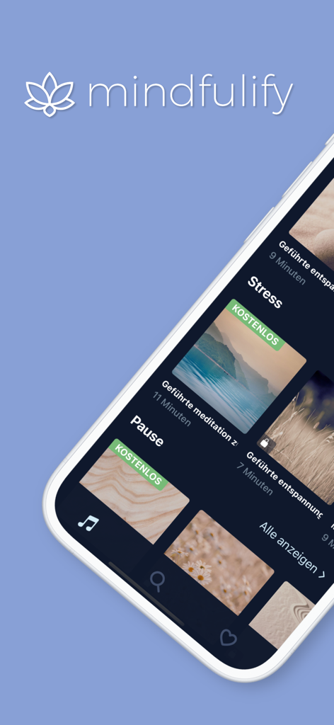 Mindfulness App - Mindfulify - The Mindfulify app interface displaying various guided meditation and stress management categories on an iPhone screen