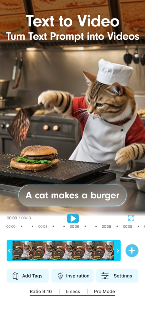 YouCam Video App-Oberfläche, die die KI-Text-zu-Video-Funktion mit einem Katzenkoch zeigt, der einen Burger zubereitet