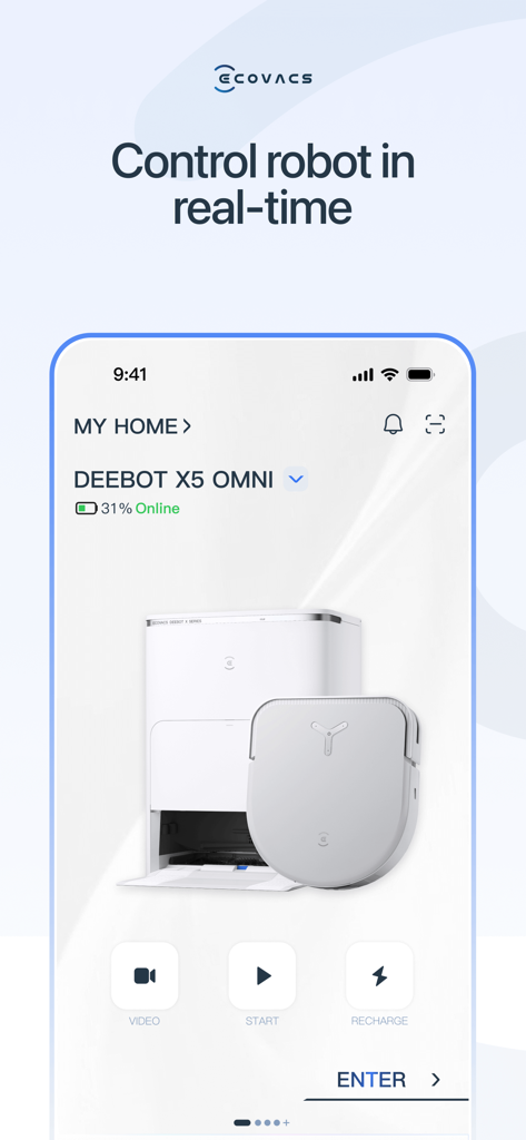 ECOVACS HOME - Interface da aplicação ECOVACS HOME a mostrar o controlo em tempo real de um aspirador robot DEEBOT X5 OMNI