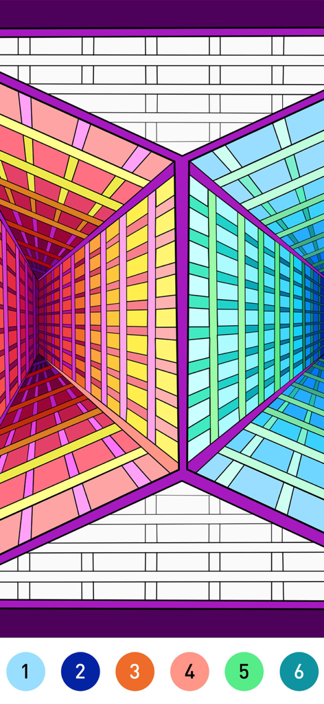 Mandala Coloring Book Game - A colorful geometric perspective pattern in a color by number mobile game interface