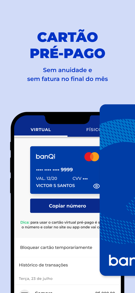 banQi - Conta Digital - Interface of the banQi app showing a virtual prepaid Mastercard with no annual fees