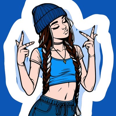 realistic teenage girl with braids and a beanie and crop top doing 🫶🏼