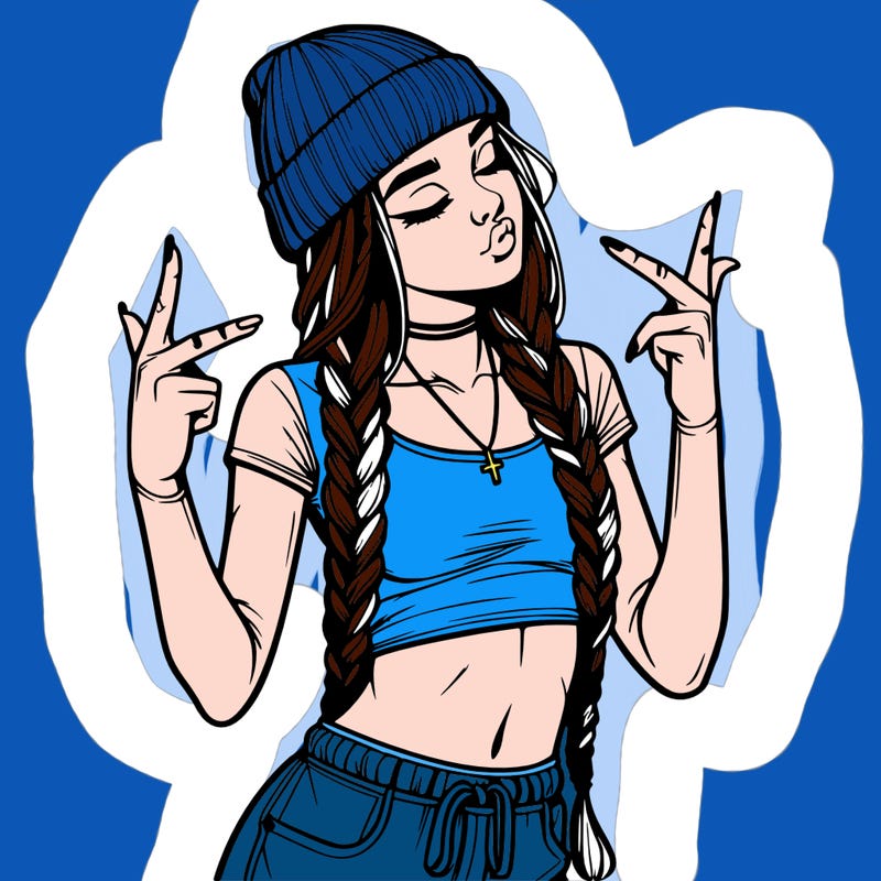 realistic teenage girl with braids and a beanie and crop top doing 🫶🏼