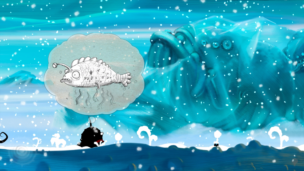 Pip le protagoniste dans un paysage enneigé surréaliste à côté d'une créature de glace bleue géante