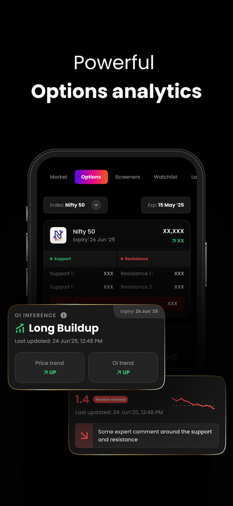 Liquide- Stocks & Mutual Funds - Liquide app interface showing technical options analytics and price trends for the Nifty 50 index.