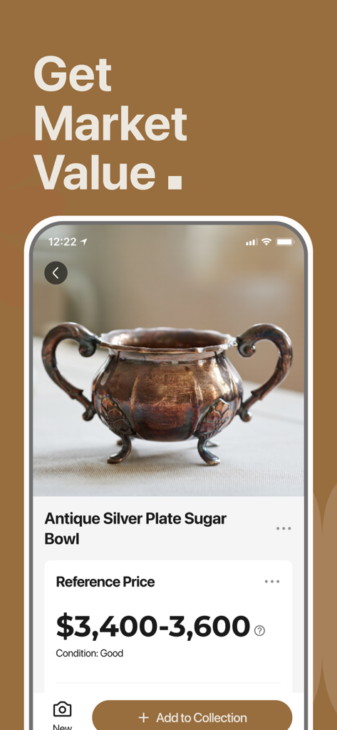 AntiqSnap app interface displaying the reference price and condition for an antique silver sugar bowl