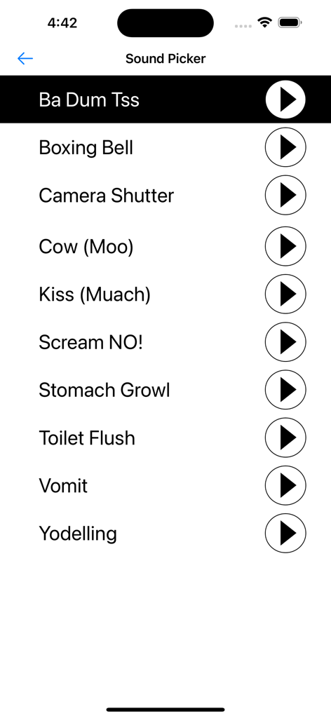 Prank & Joke Sounds Collection - Interface of the Sound Picker menu featuring a list of various prank and joke sounds