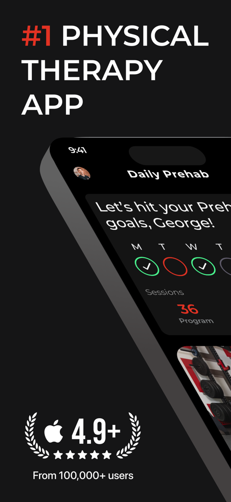 Prehab: Physical Therapy, Pain - Interface do aplicativo Prehab mostrando metas de treino diárias e uma classificação de 4,9 estrelas de mais de 100.000 usuários