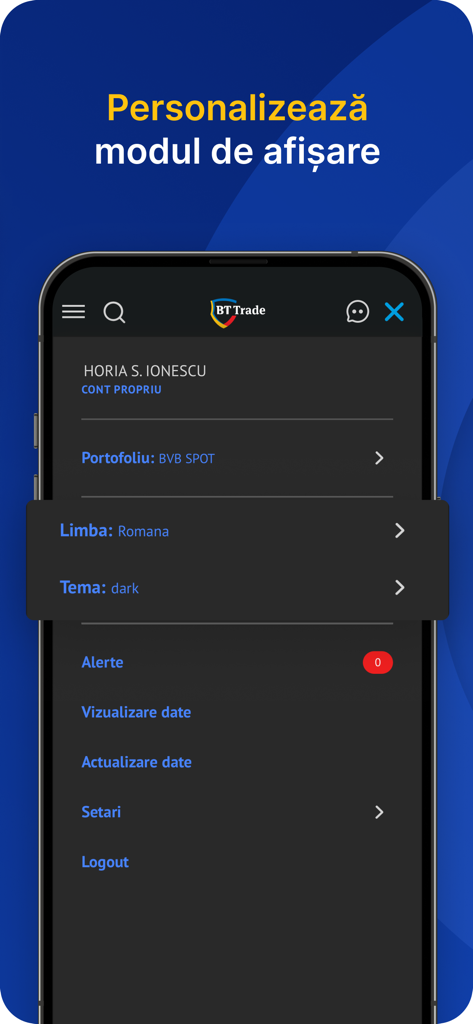 BT Trade - BT Trade app interface showing personalization settings and dark mode theme options