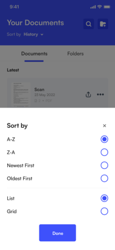Scan UP – Secure Scanner - A document sorting and layout selection menu within the Scan UP app