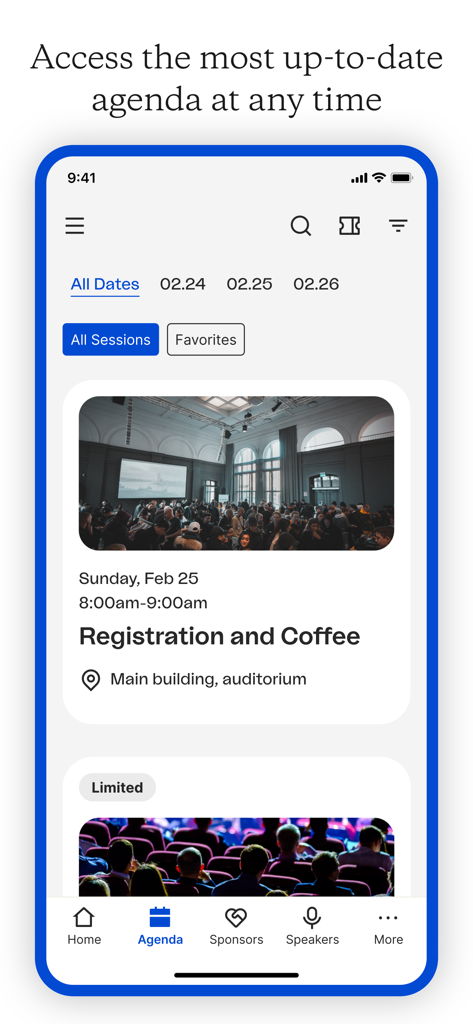 Interface do aplicativo Bizzabo mostrando uma agenda profissional de eventos com detalhes de registro e sessões.
