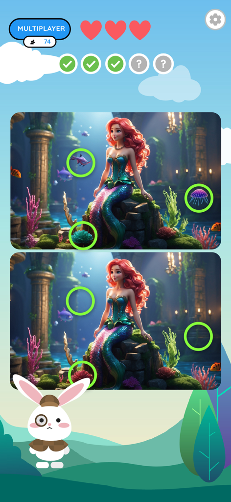 Gameplay screenshot of Spot the Differences XXL showing a mermaid level with found differences circled in green