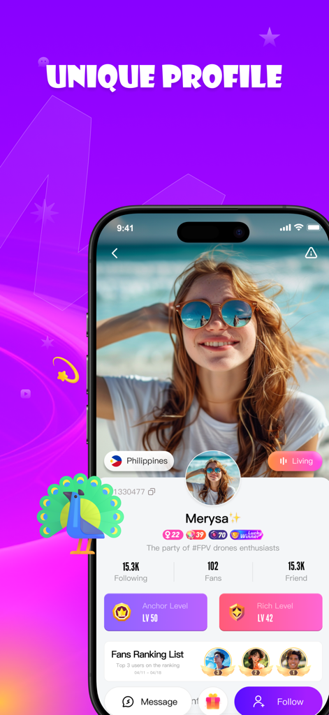 Moma Live App-Oberfläche, die ein einzigartiges Benutzerprofil mit Anker-Leveln, Fan-Ranglisten und Schaltflächen für soziale Interaktion zeigt.