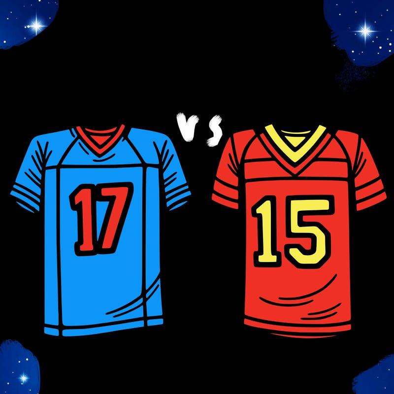 a jersey with the number 17 and a jersey with the number 15 and a “vs” sign in the middle