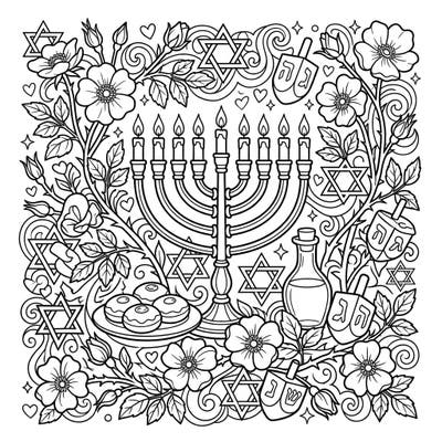 Experience the joy of Hanukkah with this exquisite coloring page, where traditional symbols blend beautifully with the natural charm of wild roses. Featuring a central menorah, dreidels, and festive floral accents, it offers a delightful creative escape for all ages.