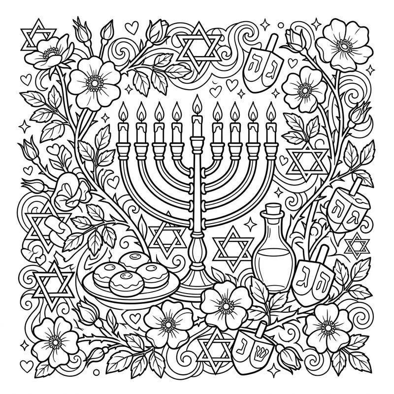 Experience the joy of Hanukkah with this exquisite coloring page, where traditional symbols blend beautifully with the natural charm of wild roses. Featuring a central menorah, dreidels, and festive floral accents, it offers a delightful creative escape for all ages.