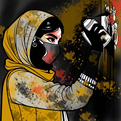 realistic girl with mask spray painting a wall