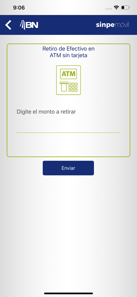BN SINPE Móvil - Schermata per il prelievo di contanti da sportello automatico senza carta nell'app BN SINPE Movil