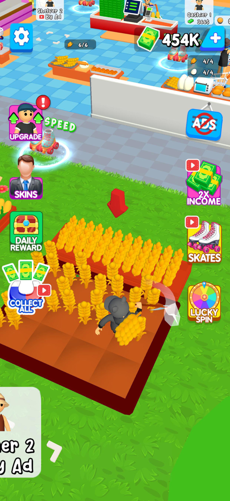 Mini Supermarket Grocery Shop - Un personaje cosechando cultivos amarillos en un campo fuera de una tienda en el juego Mini Supermarket Grocery Shop.