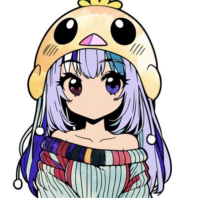 anime girl with chick shaped hat with sweater with bare shoulders with bangs covering them one eye with low tail