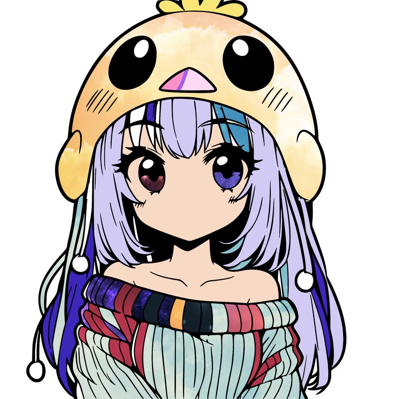 anime girl with chick shaped hat with sweater with bare shoulders with bangs covering them one eye with low tail
