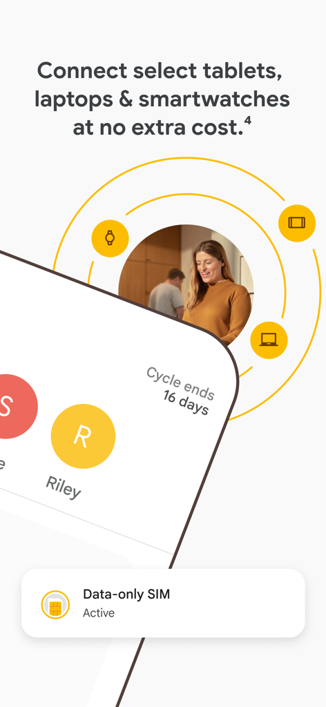Google Fi Wireless App-Bildschirm zeigt Unterstützung für Tablets, Laptops und Smartwatches ohne zusätzliche Kosten.