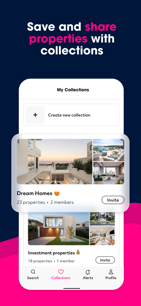 Homely Property & Real Estate - Homely app interface showing saved property collections with options to invite members and share listings