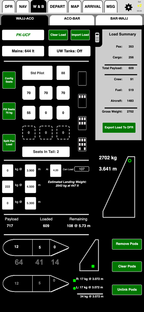 FlightSpan - Weight and balance calculator screen on FlightSpan app showing aircraft load summary and seat configuration