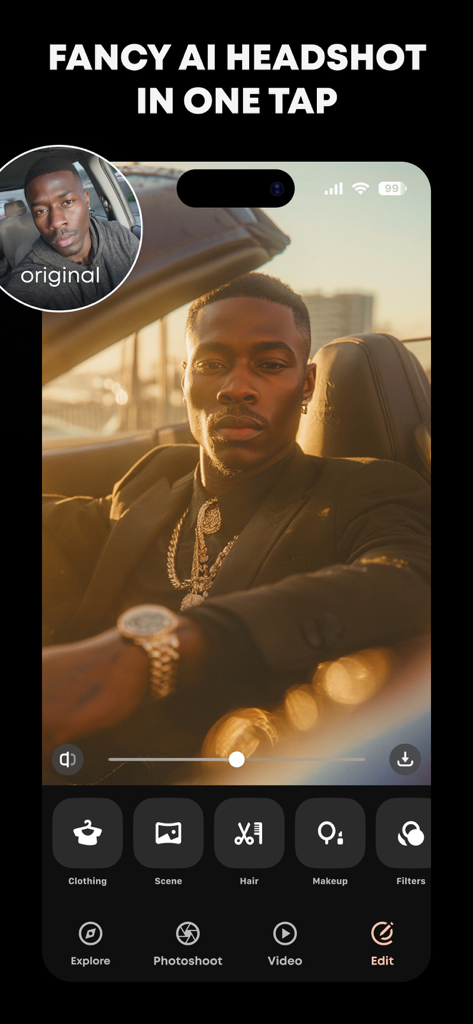 GIO - AI Headshot Generator - Retrato de estilo de vida generado por IA de un hombre en un coche con herramientas de edición de ropa y escena