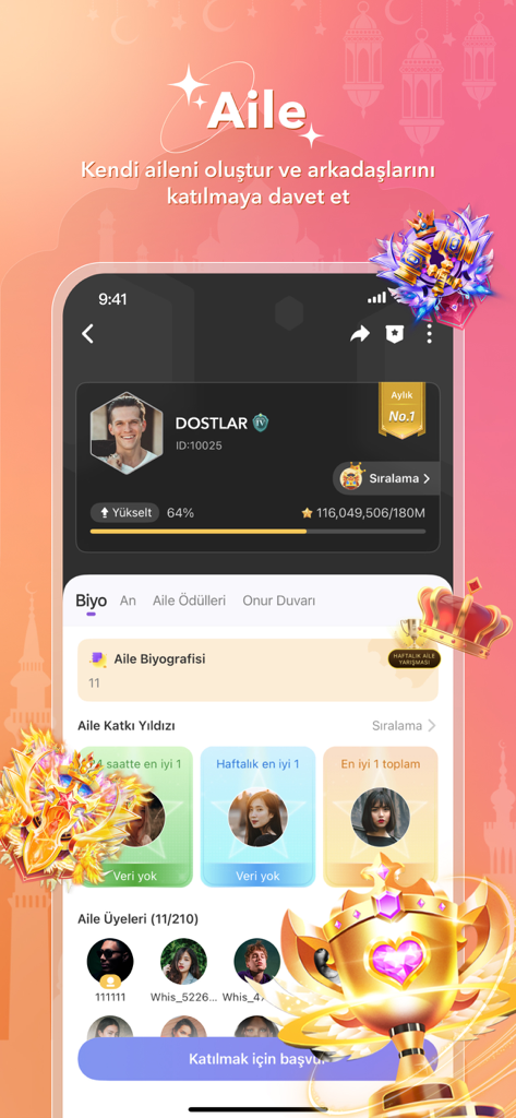 Witok - Sohbet, Parti & Oyun - Witokアプリのインターフェース、メンバープロフィールとランキングを備えたファミリーグループ機能を表示