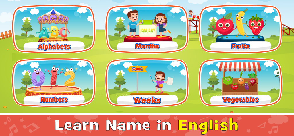 Baby Games: Learning English - Pantalla de selección de categorías para la aplicación Baby Games Learning English que muestra alfabetos, meses, frutas, números, semanas y verduras.