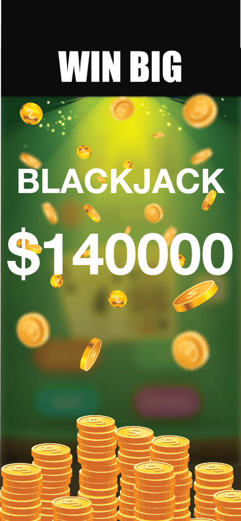 Black Jack ··· - 쌓이고 떨어지는 금화와 함께 140000의 승리를 보여주는 블랙잭 게임 화면