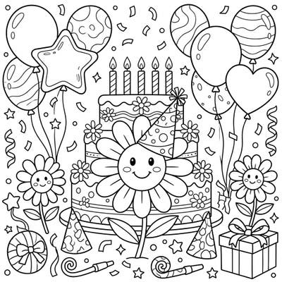 Get ready for a super fun celebration with this cheerful coloring page featuring adorable daisies at a birthday party! Kids will love bringing this festive scene to life with bright colors, complete with balloons, cake, and confetti.