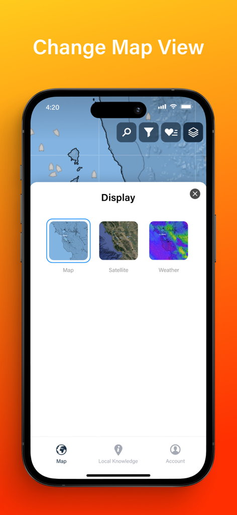 AIS Explorer - Aplicación de smartphone AIS Explorer que muestra las opciones de visualización del mapa con vistas de satélite y meteorológicas