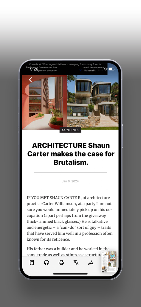 Belle Magazine Australia - A screenshot of the Belle Magazine app featuring an article titled Architecture Shaun Carter makes the case for Brutalism with photos of modern buildings.