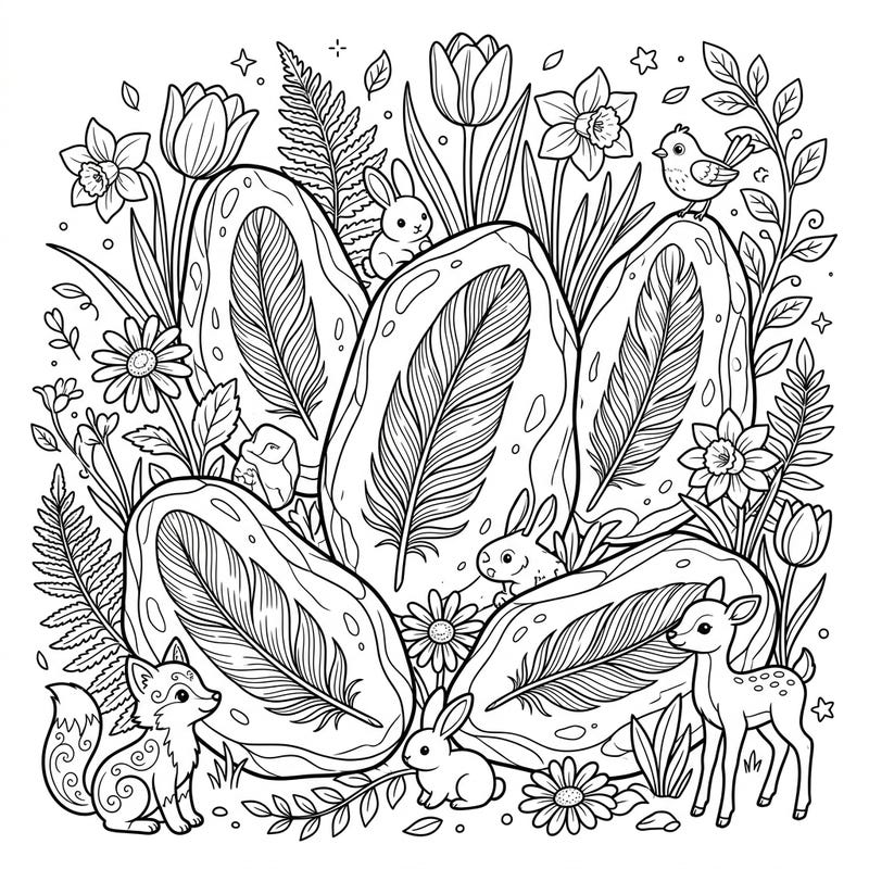 Journey through time and nature with this captivating Spring Amber Feathers coloring page. Uncover prehistoric wonders nestled amidst blooming flowers and playful spring animals, waiting for your creative touch.