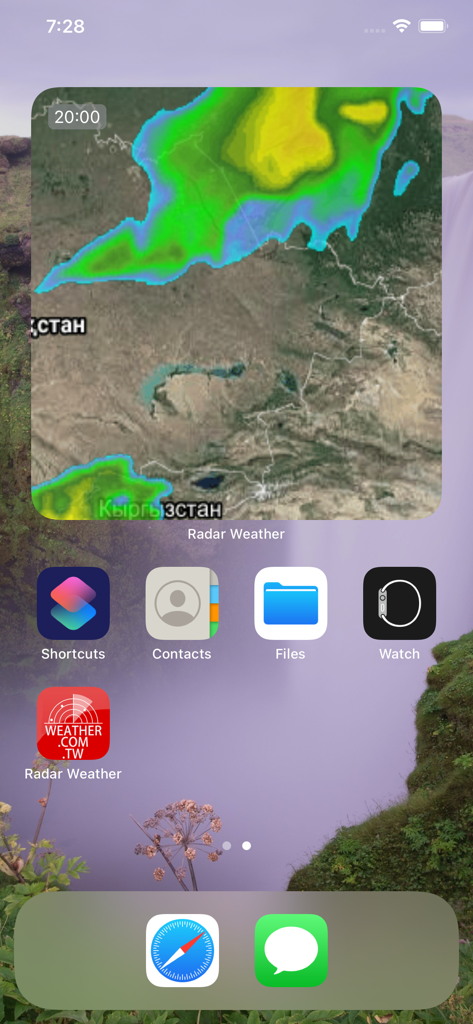 Radar Weather - Rain Forecast - iPhone home screen displaying a weather radar widget with precipitation map and app icon