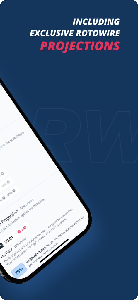 RotoWire Picks app screen showing exclusive player prop projections and hit rate statistics.