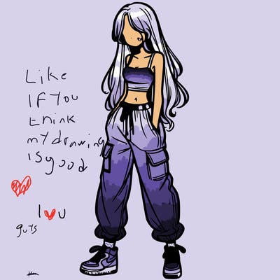 girl in baggy pants crop top and long hair