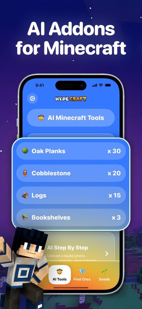 HypeCraft app screenshot showing AI building tools and material lists for Minecraft