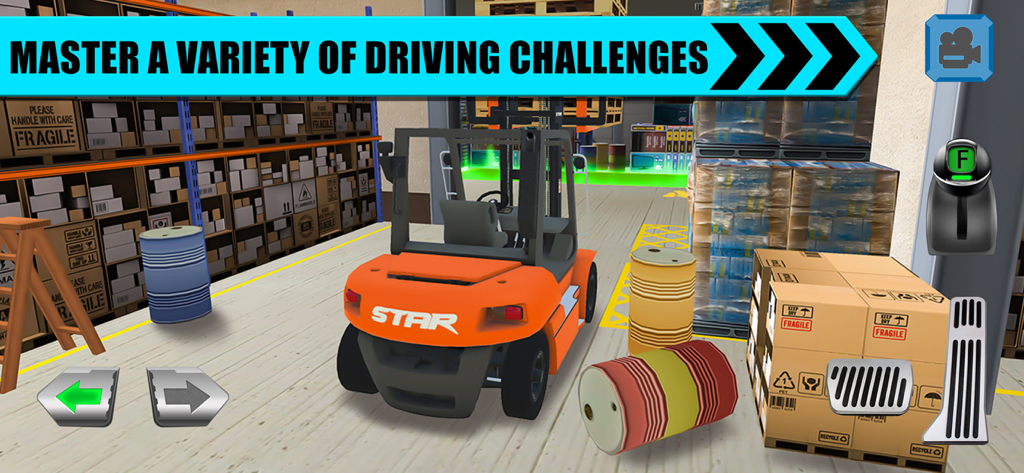 An orange forklift in a warehouse in Truck Driver Depot Parking simulator game