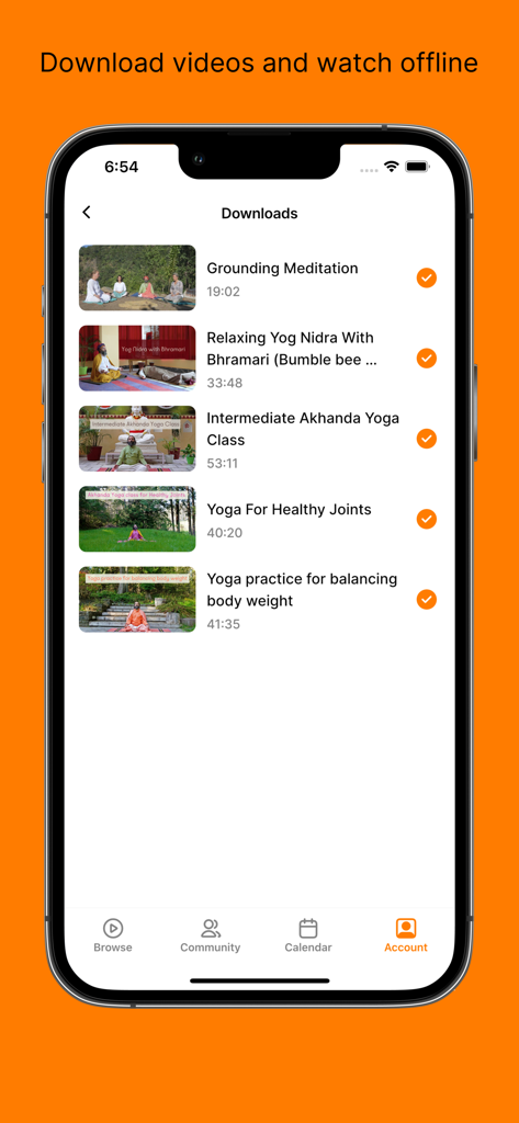 Akhanda Yoga Online - Akhanda Yoga Online app downloads screen showing saved yoga and meditation videos for offline viewing
