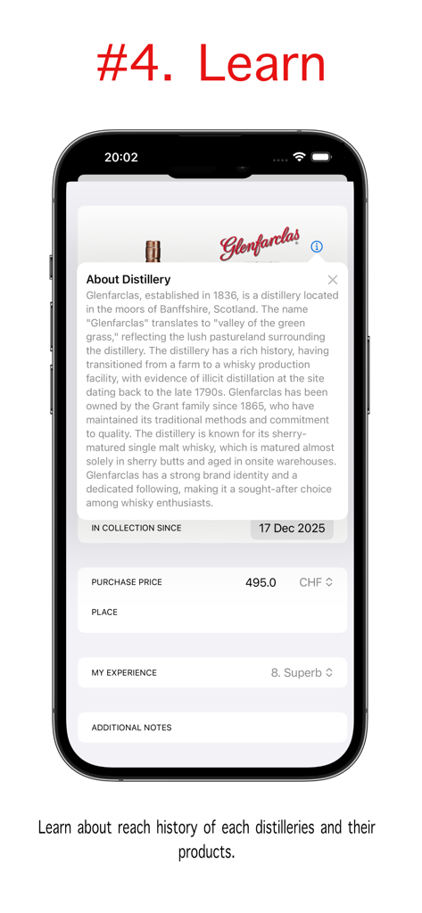 Whisky Bottle Tracker - Distillery history information and collection details view in the Whisky Bottle Tracker app
