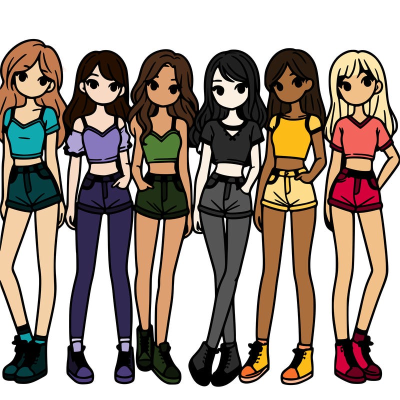 a group of girls wearing crop tops and shorts