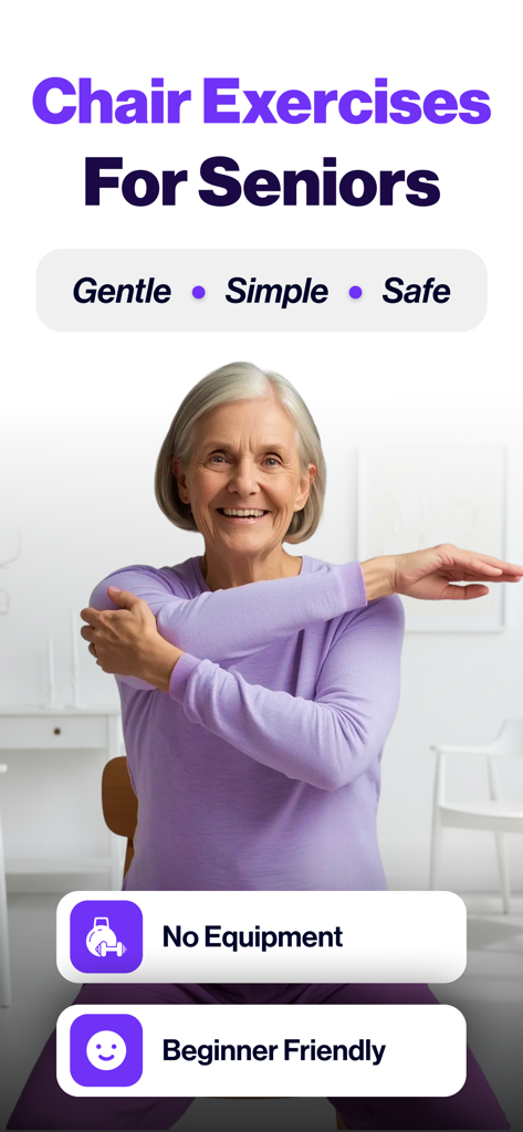 Chair Exercises for Seniors - A smiling senior woman performing a gentle seated arm stretch as part of the Chair Exercises for Seniors mobile app program.