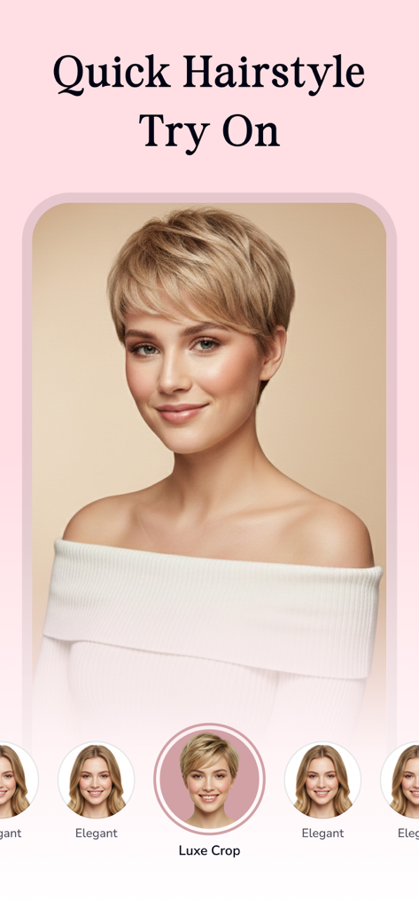 Hair Color Changer: HairHue AI - Interfaz de HairHue AI mostrando una prueba de peinado virtual con un corte pixie rubio corto